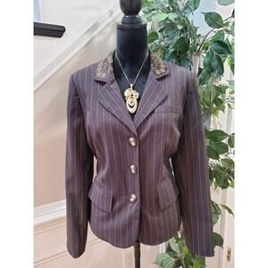Emma James Women's Brown Striped Single Breasted Three Button Blazer Jacket 14